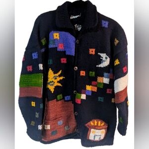 Vintage Artesanias Cotton Colorful Chunky Hand Knit Artsy Cardigan